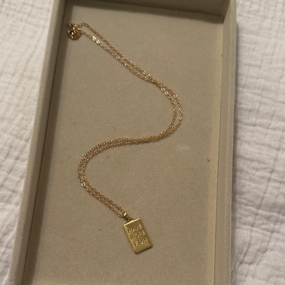 Gold Tone Plaque Necklace - 'Have More Fun' Pendant